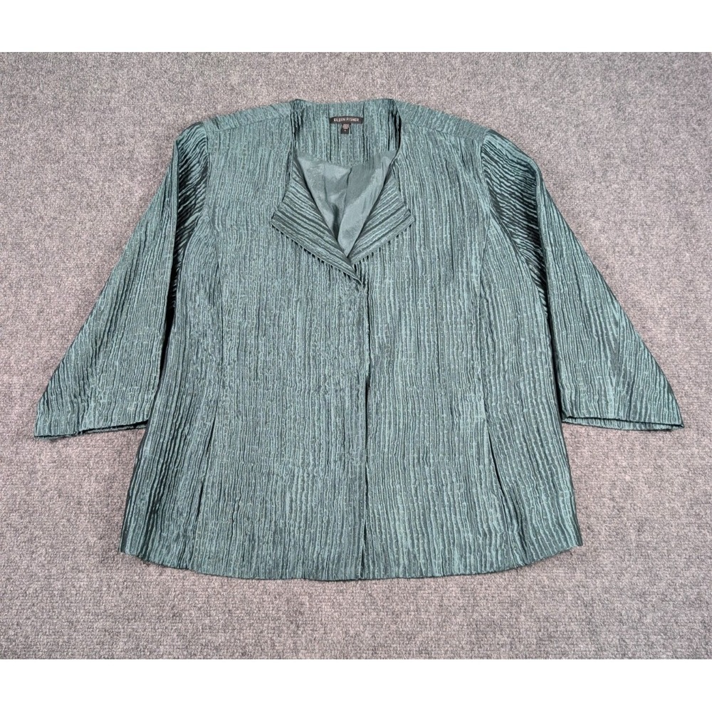 Eileen Fisher Jacket Womens L Green Silk Blend Crinkle Pleated Snap Front Luxury